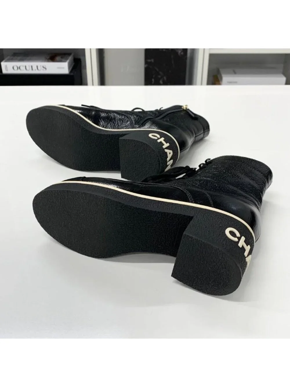 Chanel CC Logo Leather Lace Up Short Boots Black